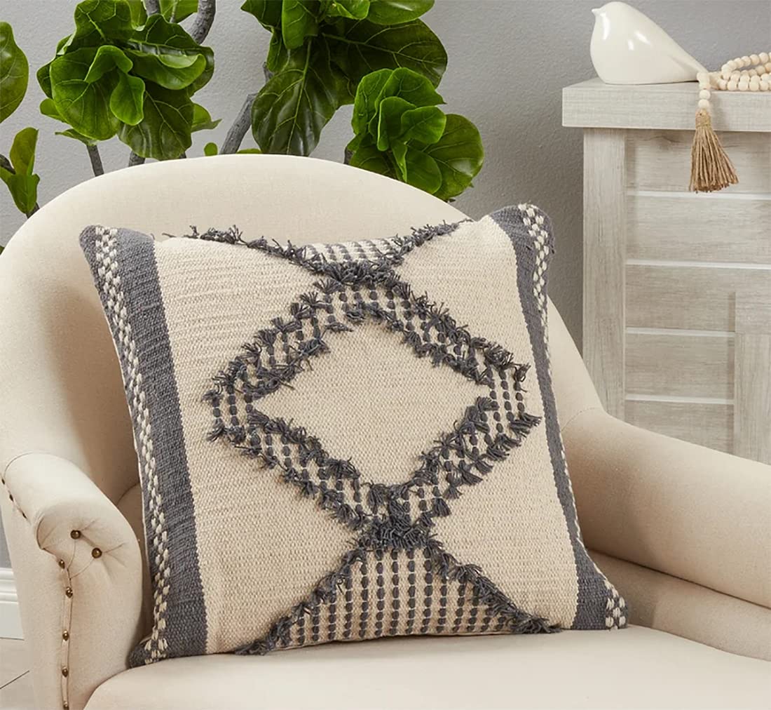 Fennco Styles Diamond Fringe Woven Cotton Decorative Throw Pillow 20" W x 20" L - Grey Textured Cushion for Home, Couch, Living Room, Bedroom, Office and Holiday Décor