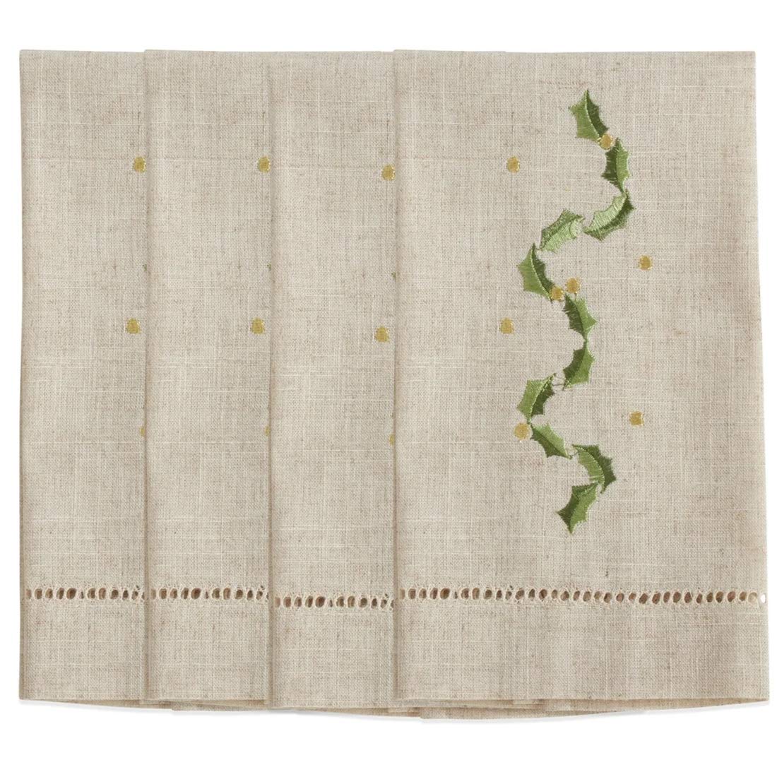 Fennco Styles Embroidered and Hemstitched Design Holly Leaf Linen-Poly Guest Towels 14 x 22 Inch, Set of 4 – Natural Modern Hand Towels for Christmas, Bathroom Decor, Bar Accessories, Wedding Gift