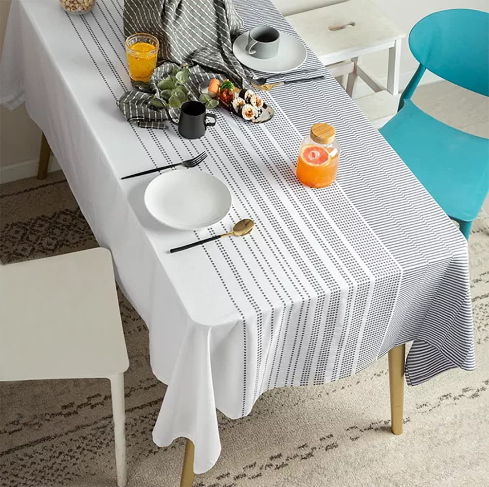 Fennco Styles Modern Woven Striped Cotton Tablecloth 55" W X 71" L - White Textured Rectangle Table Cover for Dining Table, Banquet, Family Gathering, Holiday and Special Occasion