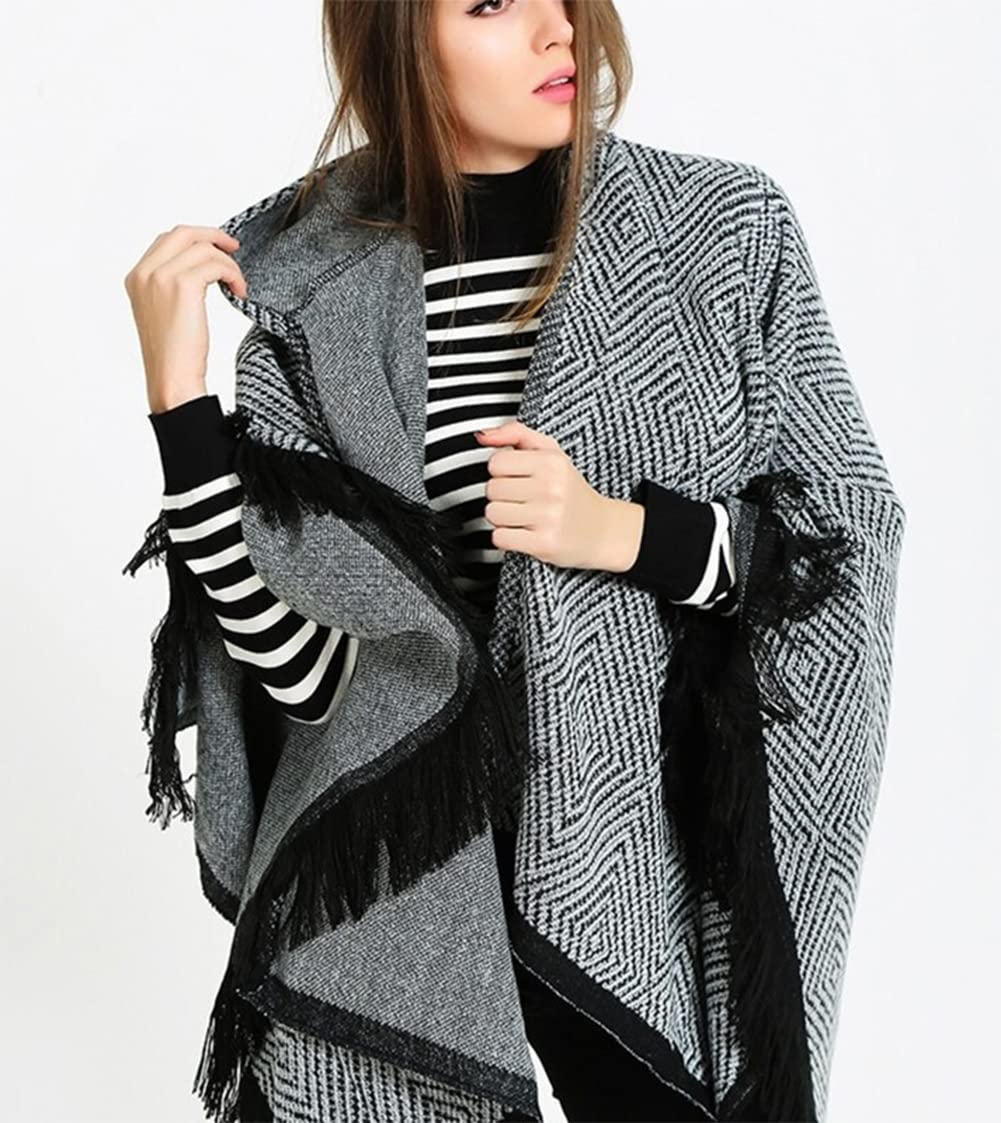 stylesilove Women Diamond Knit Open Front Hooded Poncho Fringe Black Geometric Cape Oversized Cardigan Fall Winter Wrap Shawl
