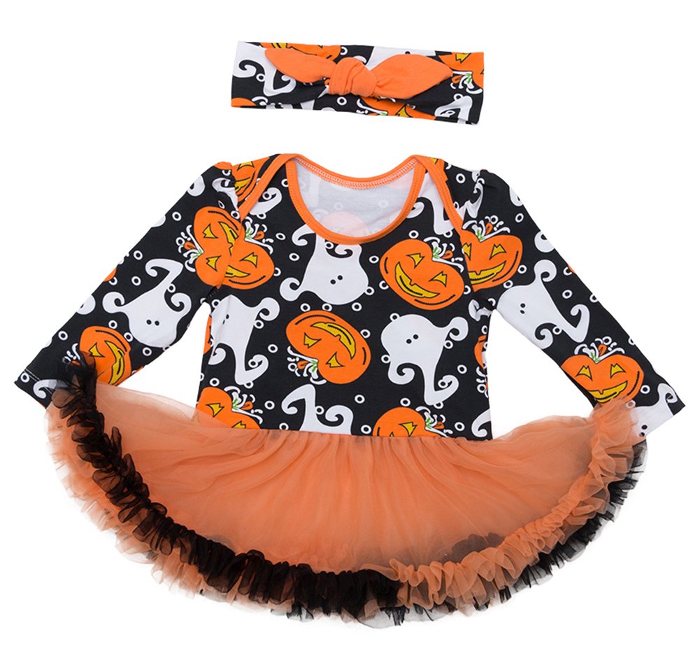 stylesilove Infant Baby Girls Pumpkin Long Sleeve Cotton Romper Tutu Dress and Headband 2pcs Fall Spooky Outfit