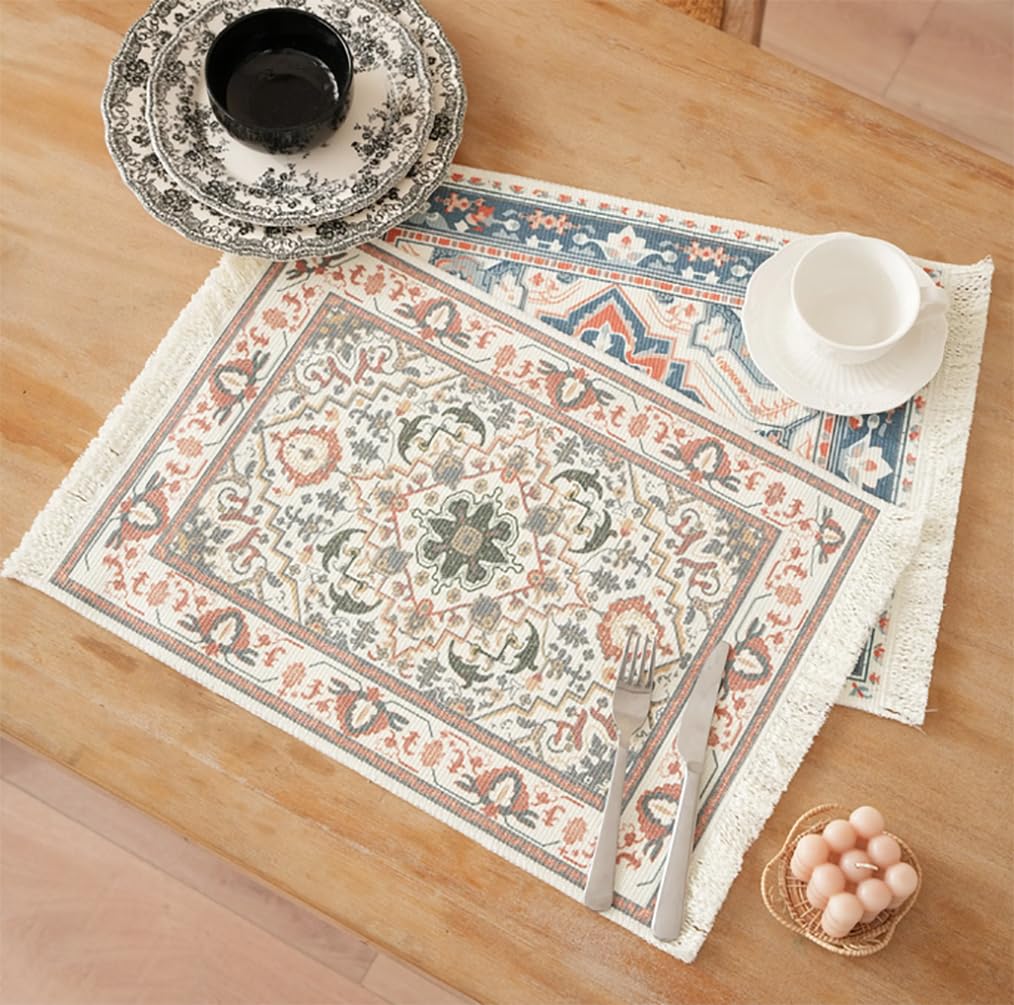 Fennco Styles Antique Turkish Printed with Fringe Placemats 14" W x 19" L, Set of 4 - Brown Oriental Woven Table Mats for Dining Room, Banquets, Family Gatherings, and Holidays