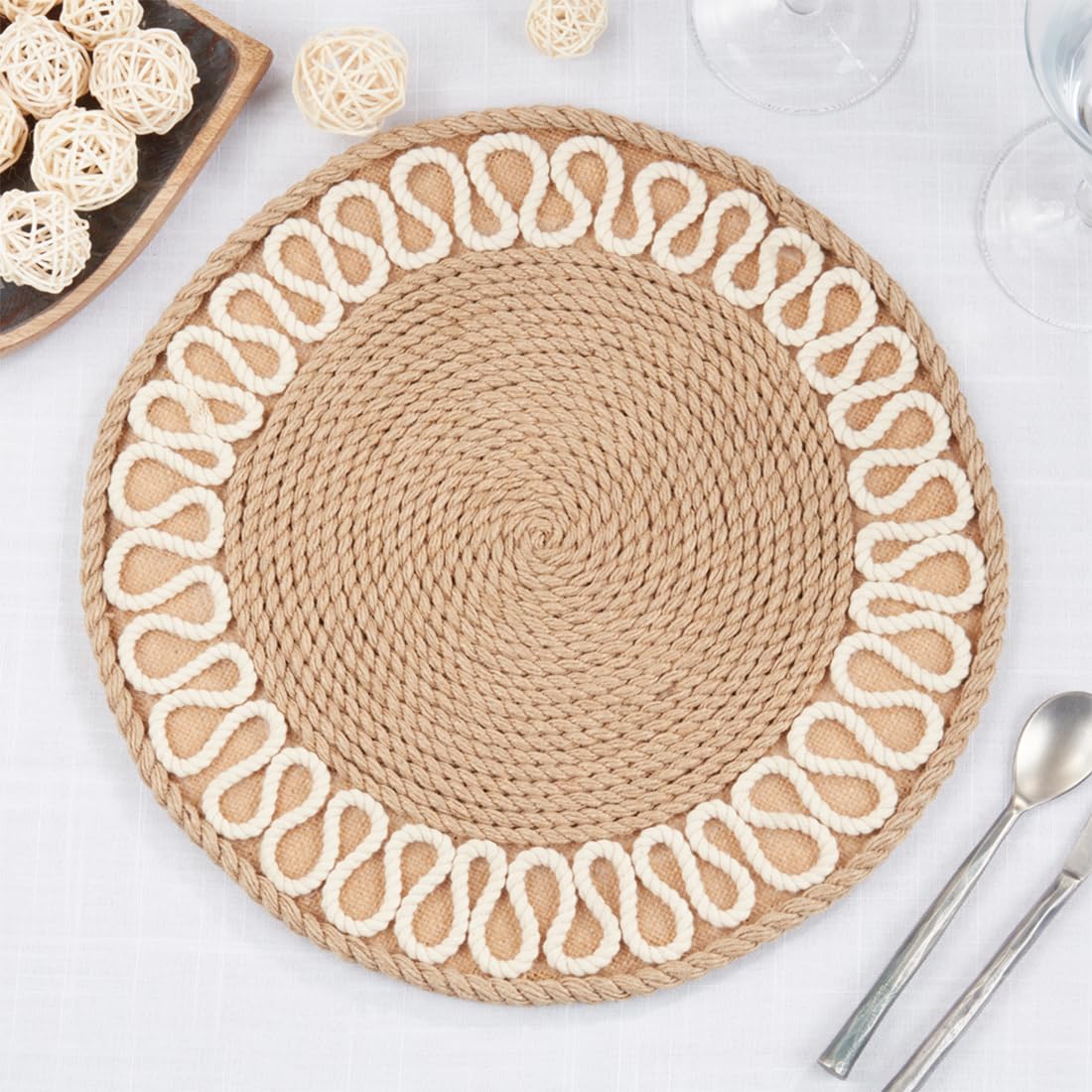 Fennco Styles Rope Woven Placemat 12" Round, 1-Piece - Natural Boho Table Mat Heat Resistant Insulation for Home Décor, Dining Table, Banquets, Weddings and Special Events
