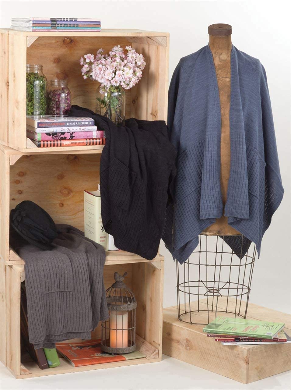 Taleen Chic Knitted Slate Poncho Cape Shawl Wrap with Pockets