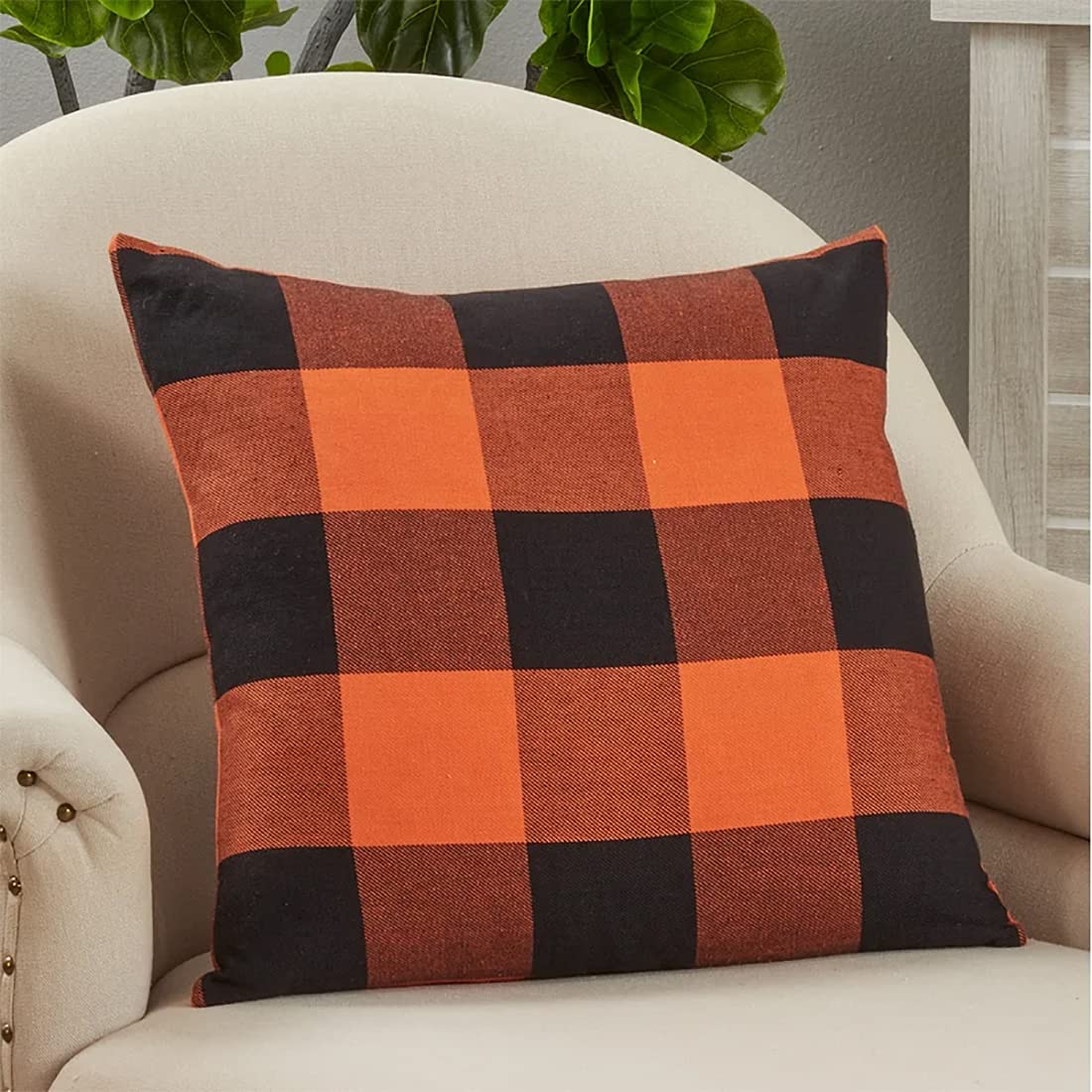 Fennco Styles Rustic Buffalo Plaid Design Cotton Decorative Throw Pillow 13 x 20 Inch - Orange Black Holiday Accent Pillow for Home, Couch, Living Room, Bedroom and Office Décor