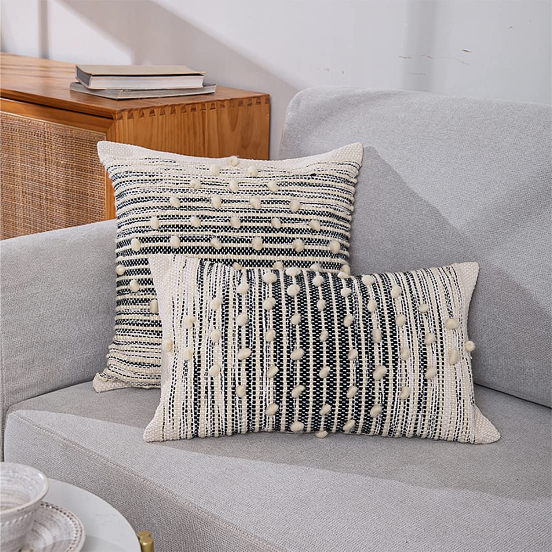 Fennco Styles Handwoven Striped Pom Pom Cotton Wool Decorative Throw Pillow 18" W x 18" L - Black & White Textured Cushion for Home, Couch, Bedroom, Living Room and Office Décor