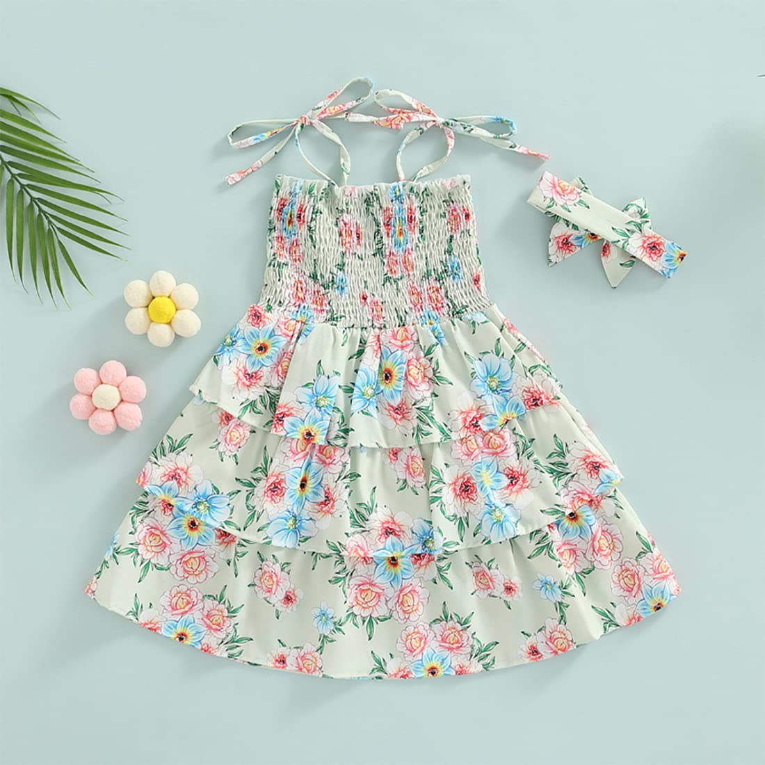 stylesilove Baby Toddler Girls Floral Print Smocked Tiered Sleeveless Dress & Headband 2pcs Summer Ruffle Sundress Outfit