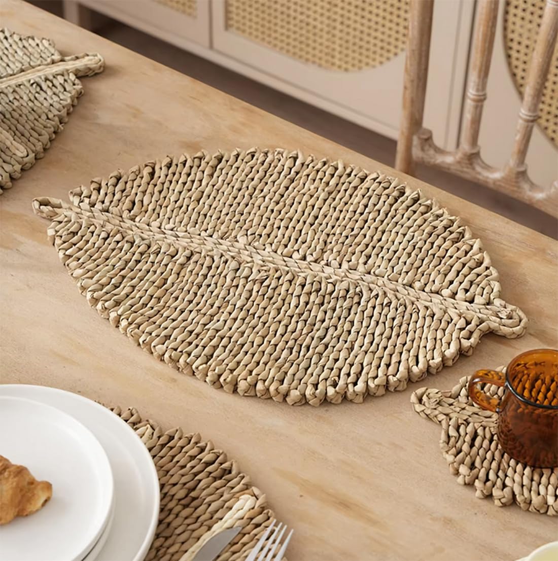 Fennco Styles Corn Husk Leaf Shaped Placemats 20" W x 13" L, Set of 4