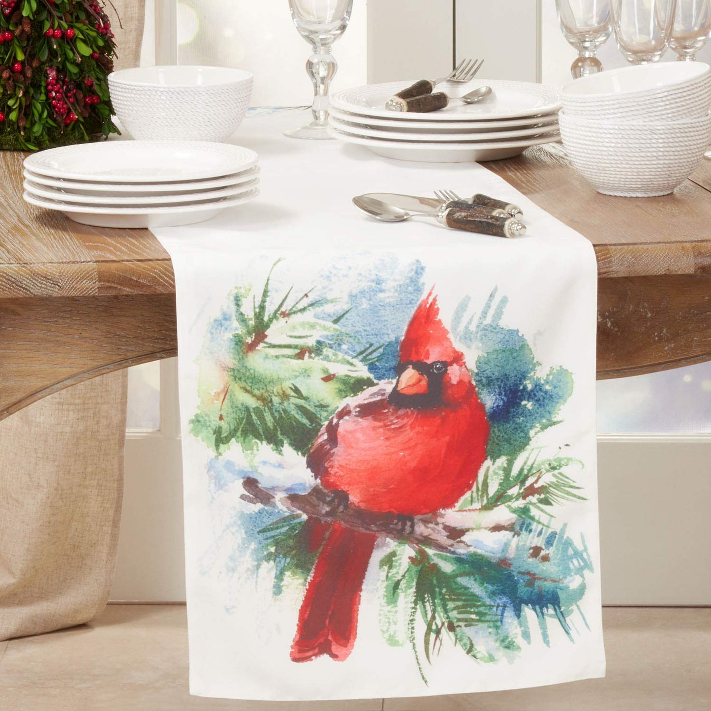Fennco Styles Watercolor Christmas Cardinal Table Runner 16" W x 70" L - Multicolored Table Cover for Christmas Décor, Home, Banquet, Family Gathering, Holiday and Special Occasion