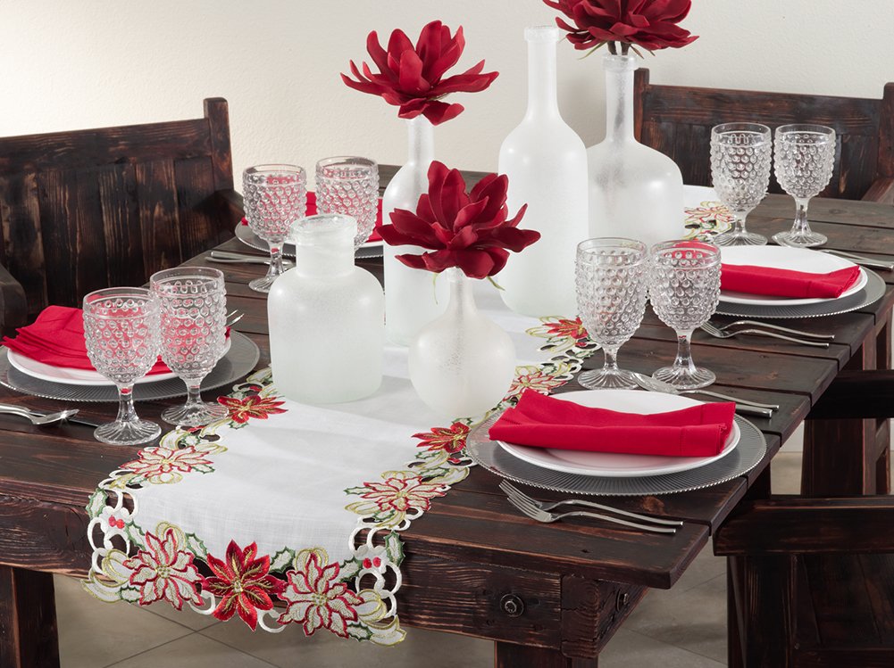 Fennco Styles Embroidered & Cutwork Poinsettia Design Ivory Table Runner, 16"x72" Rectangular