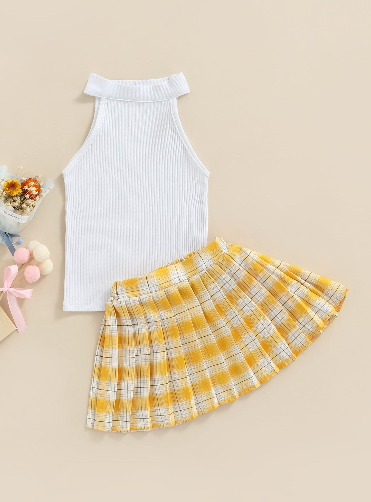 stylesilove Toddler Little Girls Solid Ribbed Tank Top & Plaid Mini Pleated Skirt 2pcs Summer Casual Dress Outfit