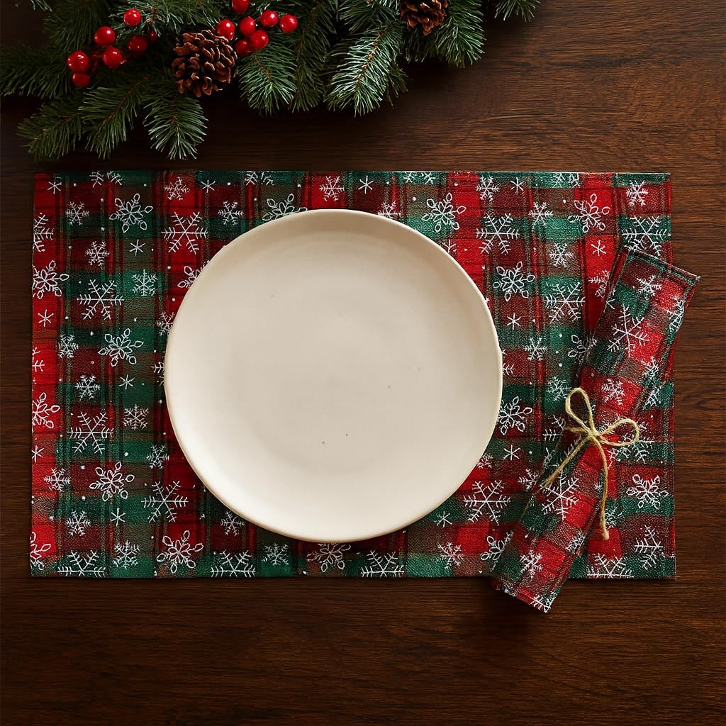 Fennco Styles Red & Green Tartan Plaid Snowflakes Holiday Placemats 13" X 18", Set of 4 - Modern Table Mats for Christmas Décor, and Winter Festivals