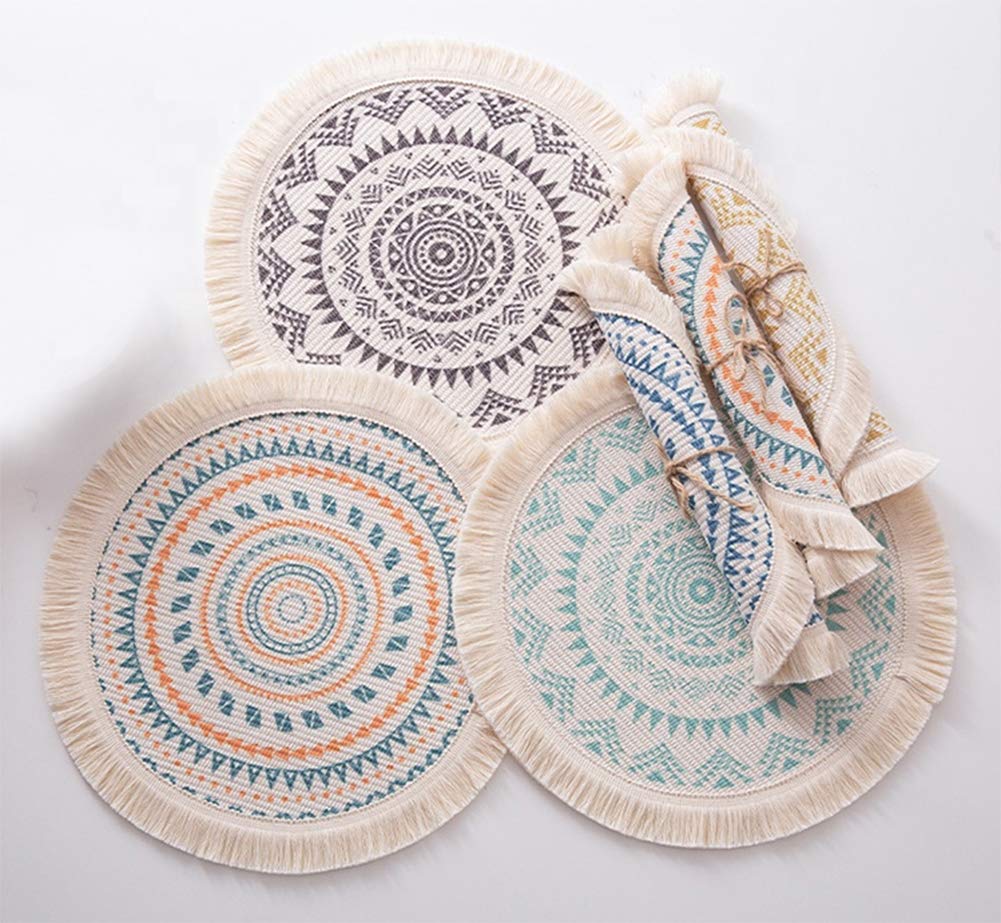 Fennco Styles Boho Geometric Fringe Decorative Cotton Placemats 13-inch Round, Set of 4 - Heat Resistant Insulation Table Mats for Home Decor, Dining Table, Banquets and Special Events