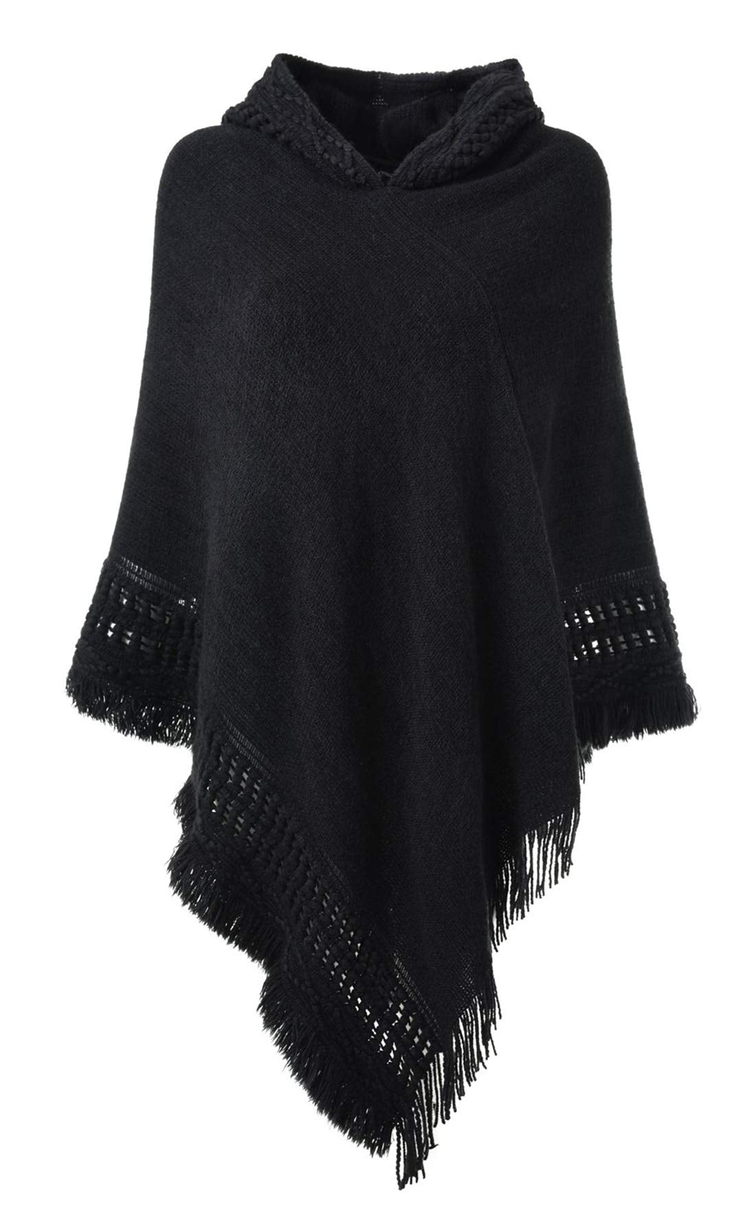 stylesilove Women Solid Knitted Hooded Poncho Crochet Pattern with Fringe Pullover Cardigan Soft Wrap for Fall Winter Seasons