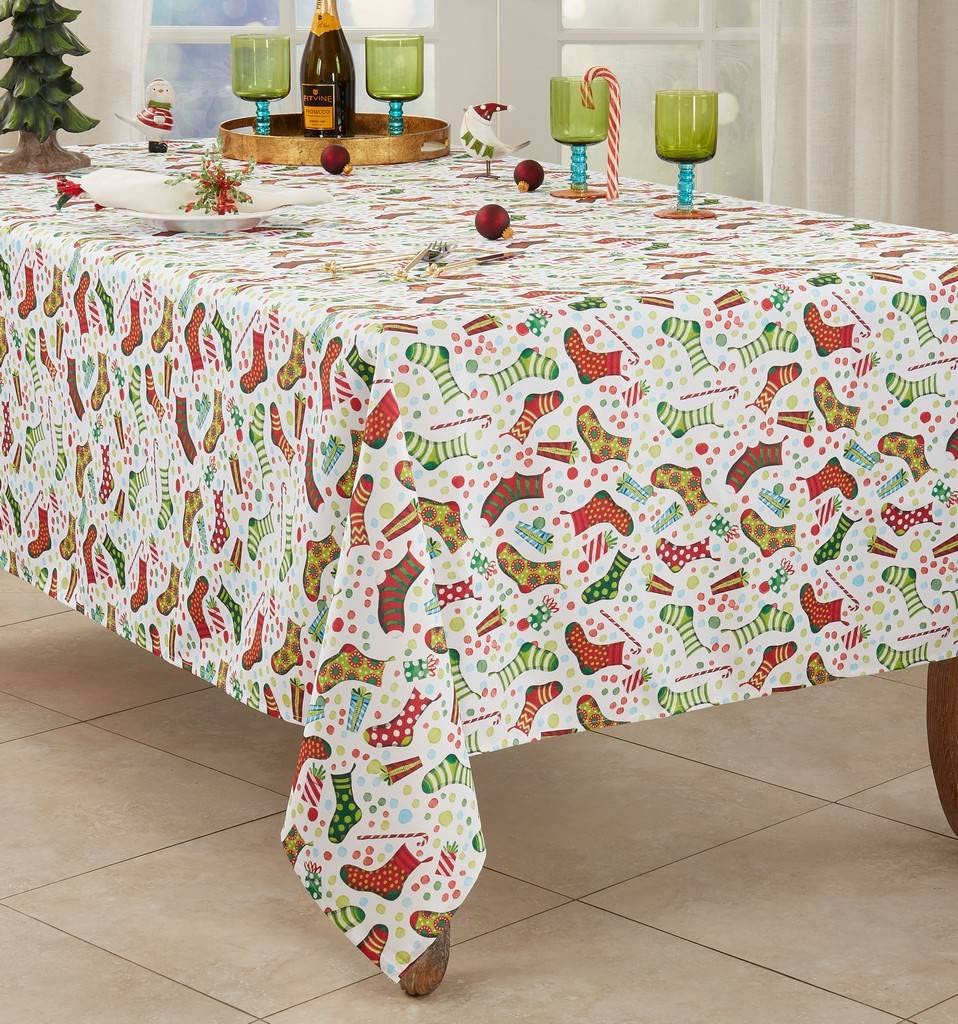Fennco Styles Christmas Stockings Holiday Tablecloth 65" W X 84" L - Multicolor Stocking Print Festive Table Cover for Christmas Décor, Dining Room, Banquet, Family Gathering and Special Events