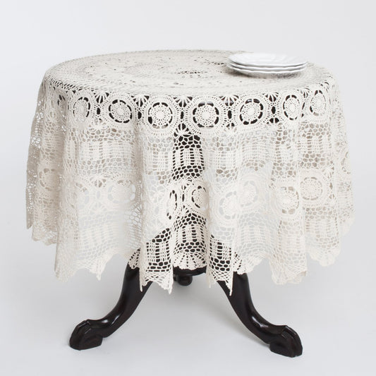 Fennco Styles Medallion Collection Handmade Crochet Cotton Tablecloth 90 x 90 Inch - Ecru Round Table Toppers for Wedding, Banquest, Special Events and Home Décor