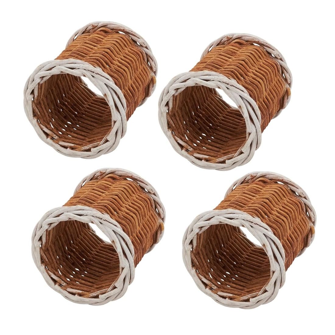 Fennco Styles Rustic Two-Tone Woven Rattan Napkin Rings, Set of 4 - White Handmade Napkin Holders for Home, Farmhouse Décor, Banquets, Family Gathering and Special Occasion