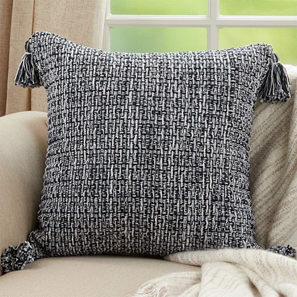 Fennco Styles Woven Textured Tassel Cotton Decorative Throw Pillow Cover 22" W x 22" L - Navy Blue Cushion Case for Home, Couch, Bedroom, Living Room and Office Décor (Filled Pillow)