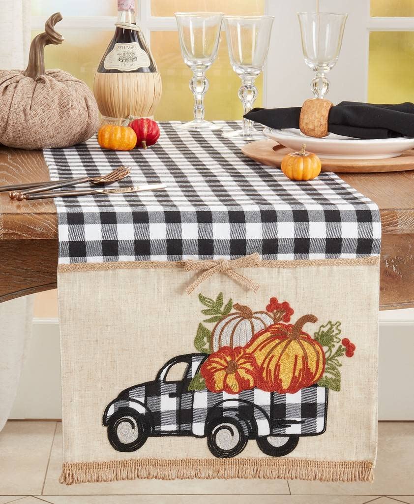 Fennco Styles Plaid Truck & Pumpkins Design Linen Blend Table Runner 16" W X 70" L - Black & White Holiday Table Cover for Home Décor, Thanksgiving, Banquets, Family Gatherings and Special Occasions