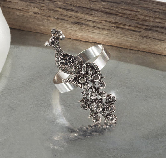 Fennco Styles Luxurious Jeweled Silver Peacock Napkin Rings, Set of 4 (Peacock)