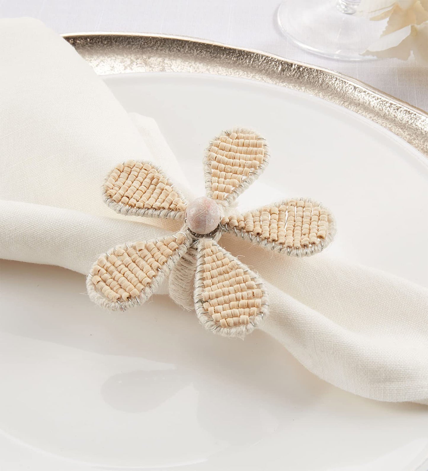 Fennco Styles Hand Beaded Flower Decorative Napkin Rings, Set of 4 - Natural Wooden Beads Napkin Holders for Home, Dining Room, Banquet, Family Gathering, Holiday Décor and Special Occasion