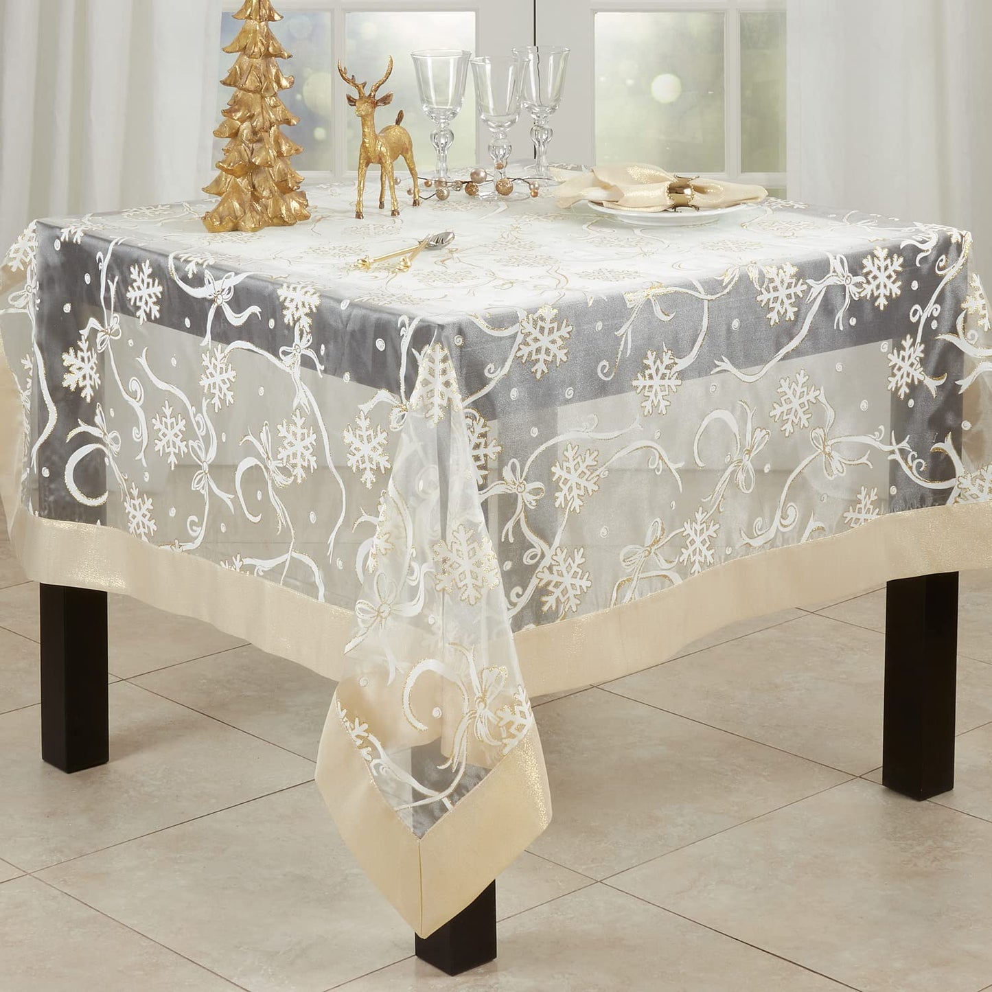 Fennco Styles Printed Snowflake & Ribbon Semi-Sheer Tablecloth - Gold Festive Table Topper for Home Décor, Banquets, Christmas, Holiday and Special Events