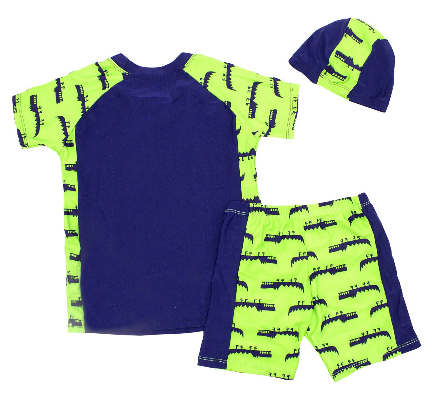 stylesilove Kids Boy Cartoon Dinosaur Shark Rashguard Top & Swim Shorts with Hat 3 pcs Set