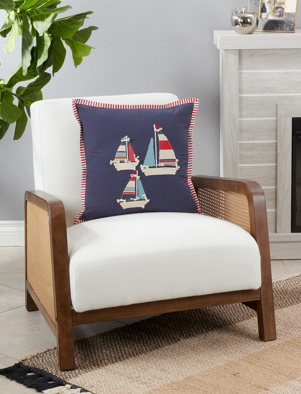Fennco Styles Nautical Sail Boat Appliqué Cotton Decorative Throw Pillow 18" W x 18" L – Navy Blue Coastal Cushion for Couch, Sofa, Bed, Holidays, Home Décor and Office Décor