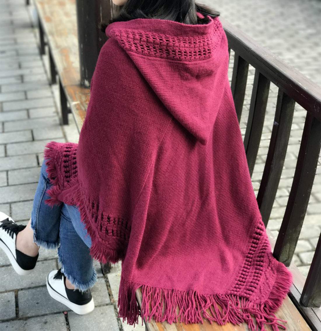 stylesilove Women Solid Knitted Hooded Poncho Crochet Pattern with Fringe Pullover Cardigan Soft Wrap for Fall Winter Seasons