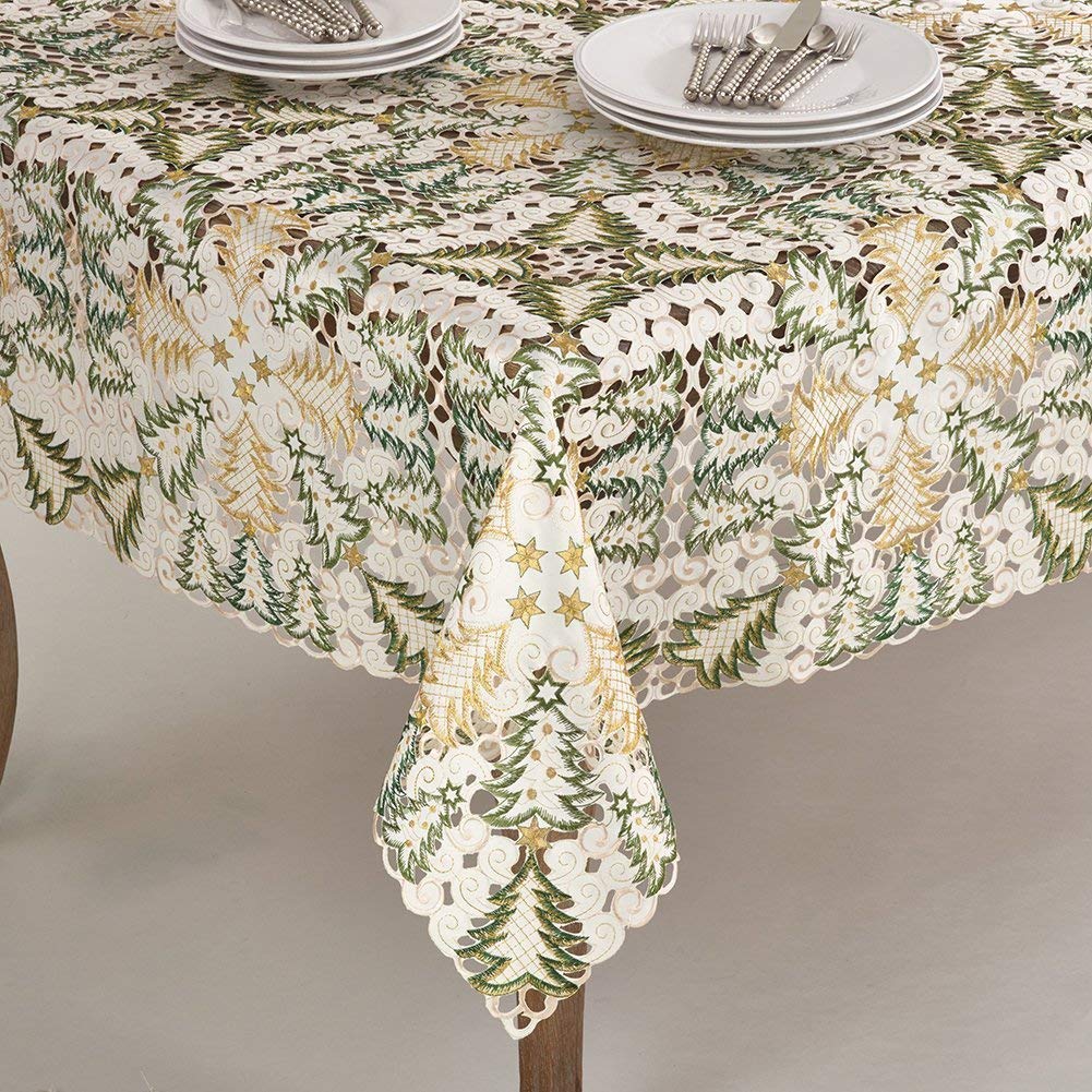 Fennco Styles Embroidered Christmas Tree Cutwork 67 x 67 Inch Tablecloth - White Table Cloth for Home Decor, Holiday, Banquets and Special Events