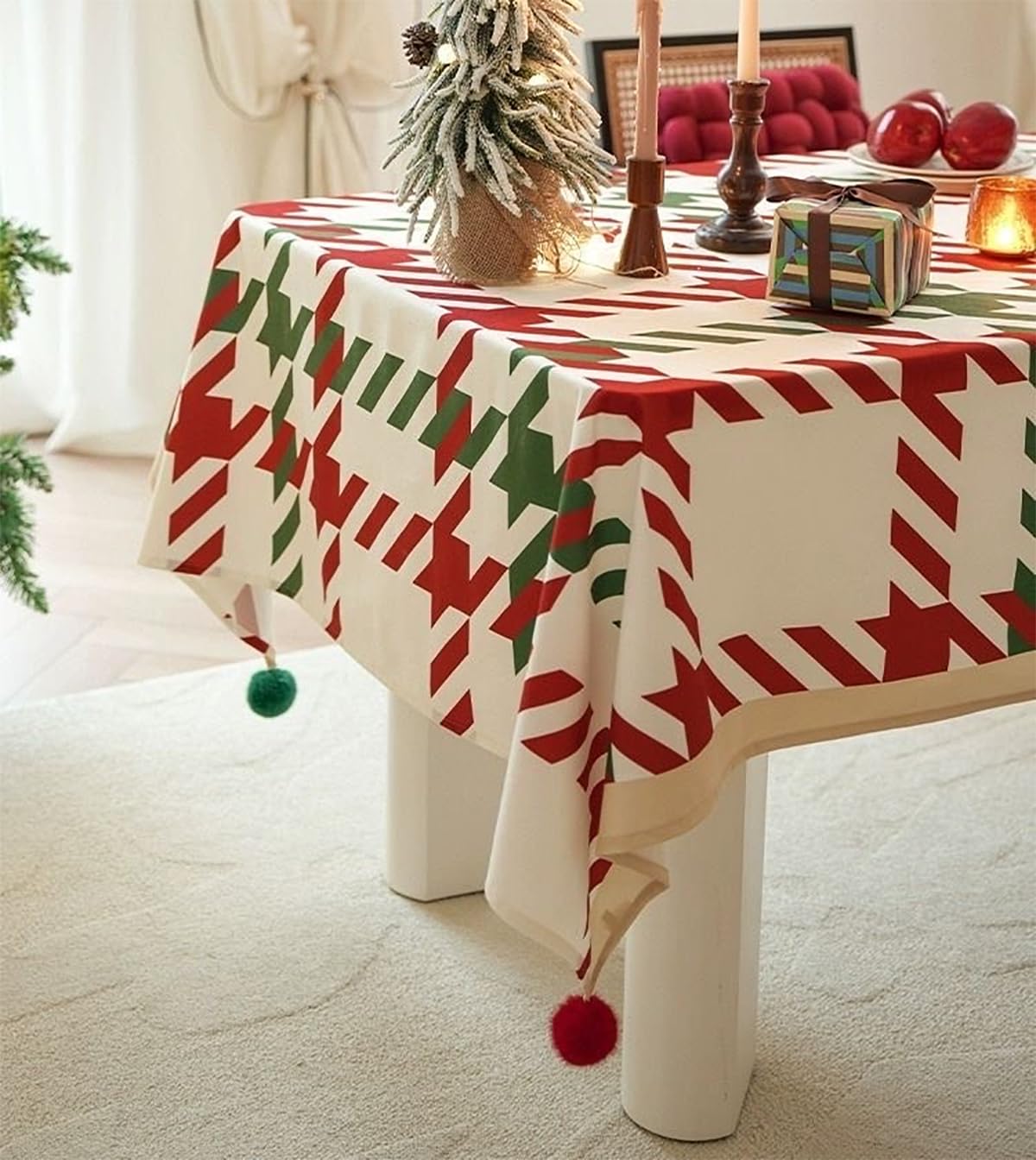 Fennco Styles Red and Green Holiday Plaid Pom Pom Christmas Tablecloth - Cotton Blend Festive Table Cover for Winter Holidays, Banquets, Family Gatherings and Special Occasions