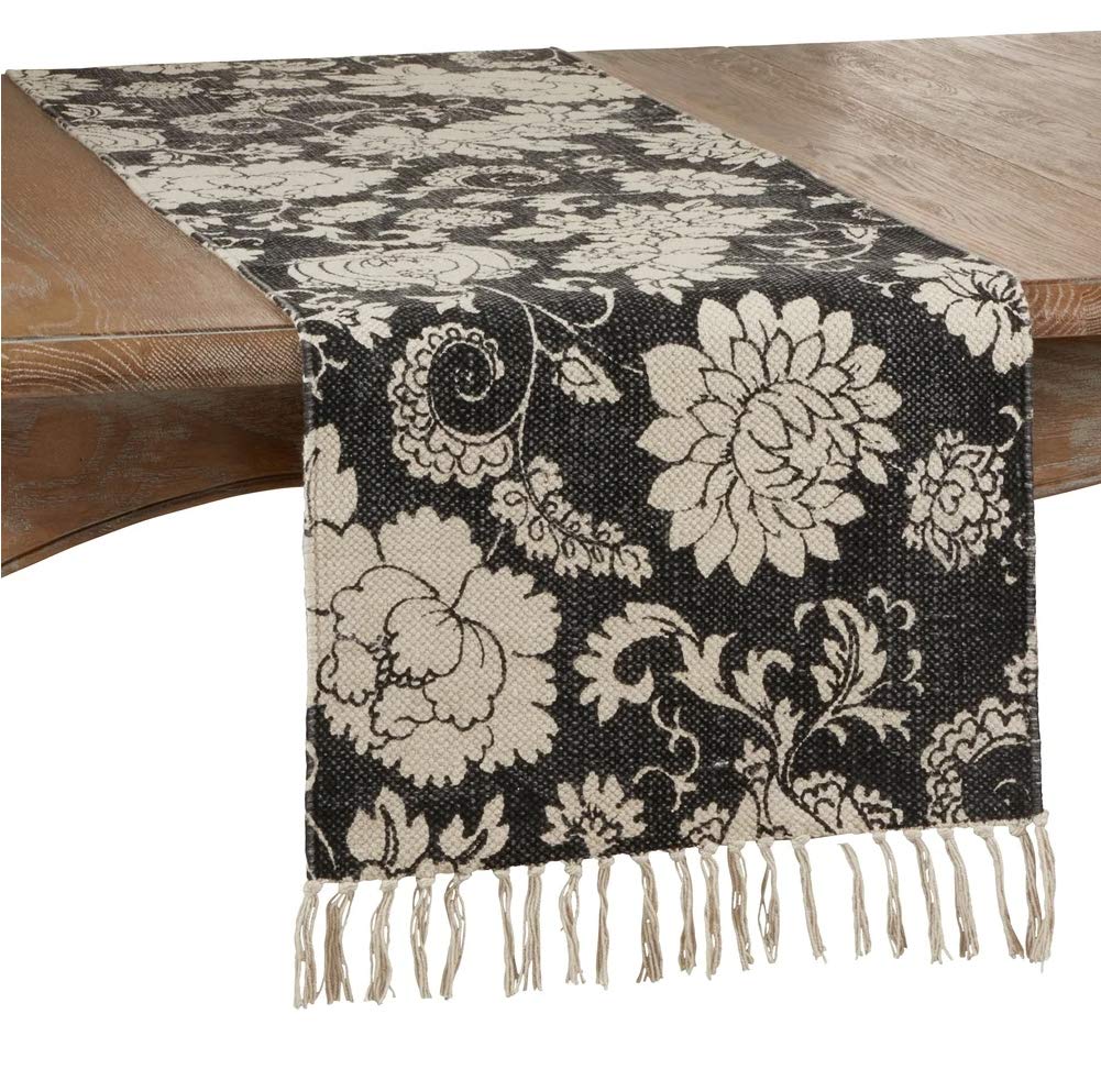 Fennco Styles Fringed Floral Cotton Table Runner 16 x 72 Inch – Black Table Cover for Home Décor, Dining Table, Banquets, Holidays and Special Events