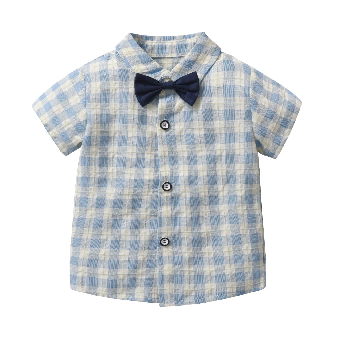 stylesilove Little Boys Short Sleeve Plaid Shirt and Suspender Bottom, Bowtie 3pcs Gentleman Suit Set Cotton Overalls Outfit