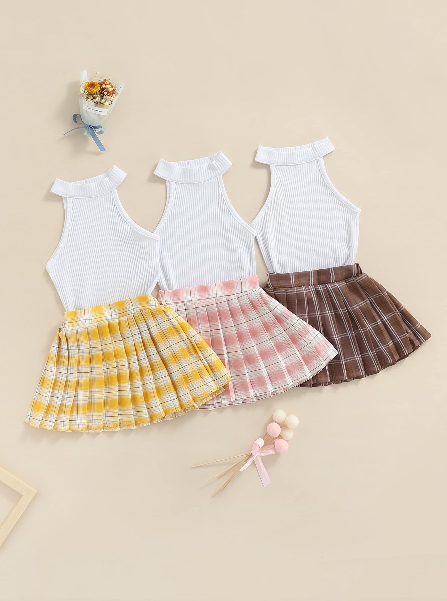 stylesilove Toddler Little Girls Solid Ribbed Tank Top & Plaid Mini Pleated Skirt 2pcs Summer Casual Dress Outfit