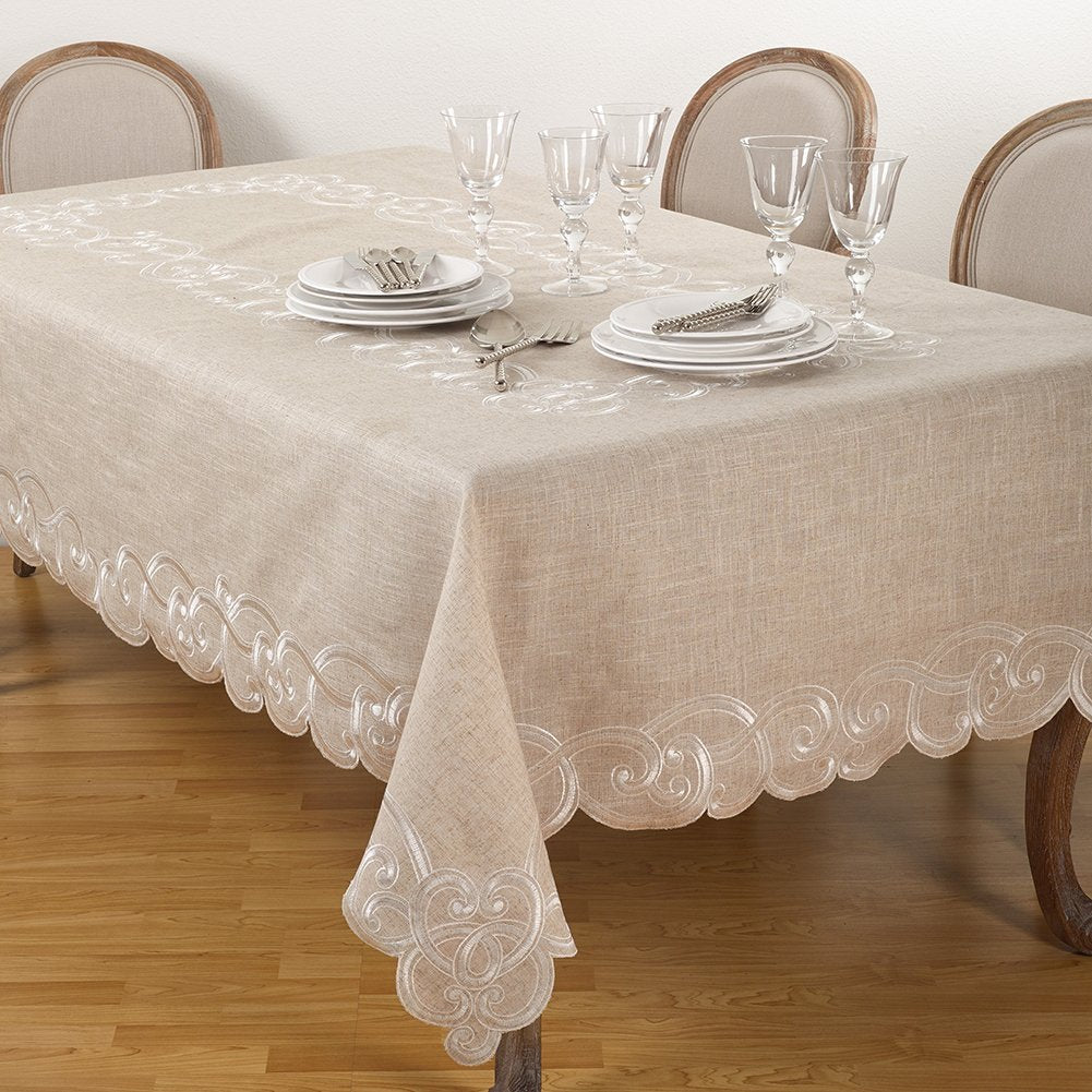 Fennco Styles Embroidered Scallop Design Natural Linen Blend Tablecloth
