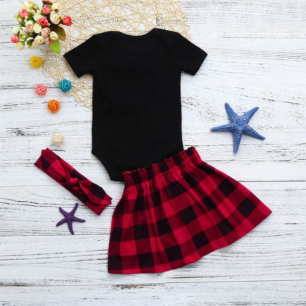 stylesilove Baby Girls Bowknot Short Sleeve Black Cotton Bodysuit, Plaid Skirt with Headband 3pcs Holiday Outfit