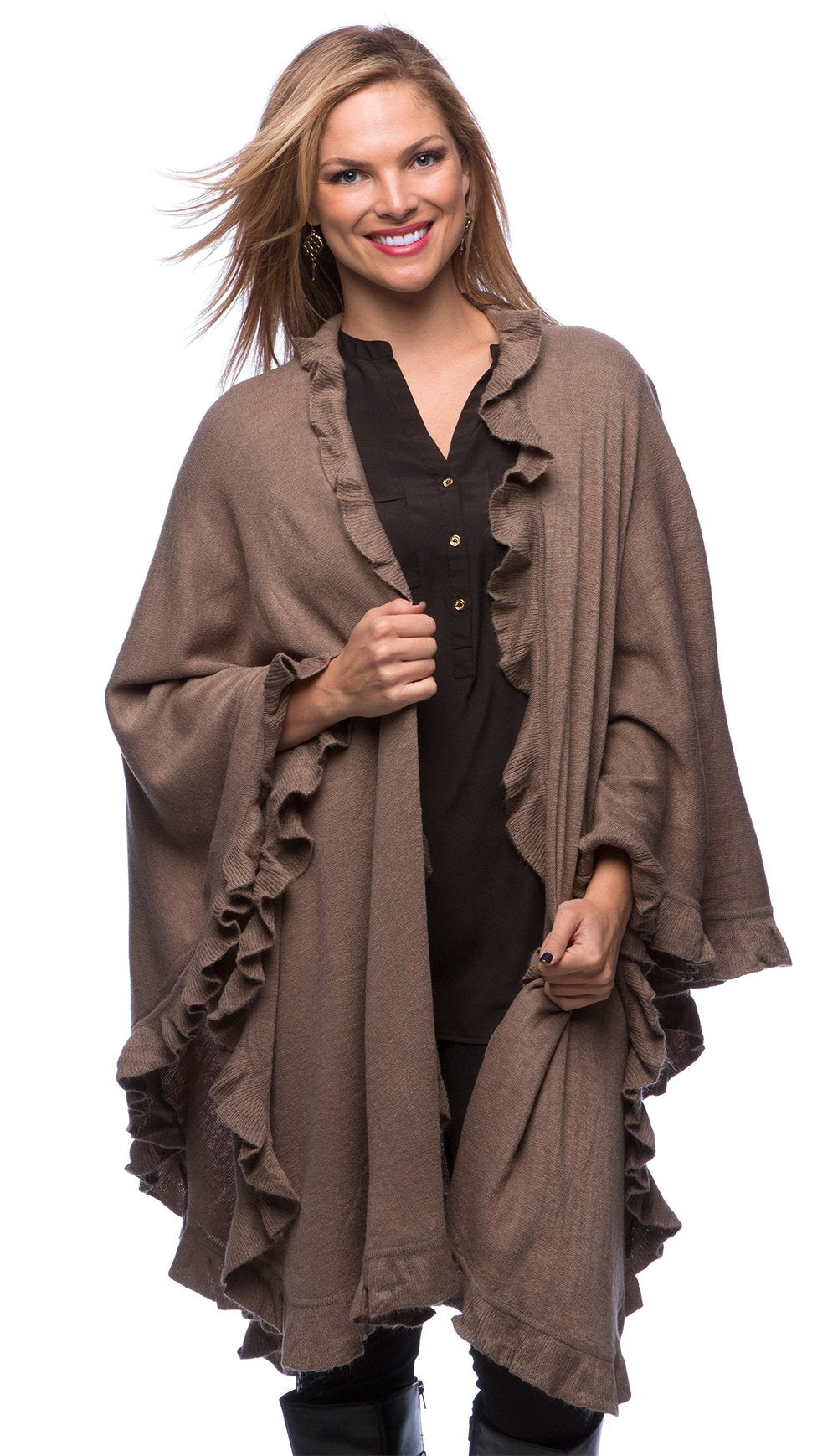 stylesilove Michonne Collection Knit Ruffled 44 x 78 Inch Wrap Poncho Cape for Cold Weather
