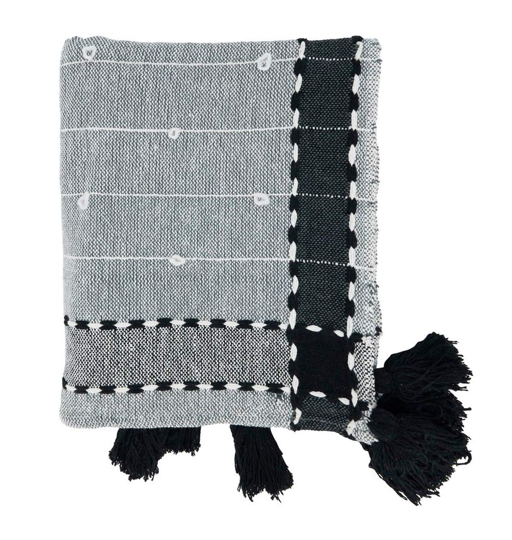 Fennco Styles Banded Border Throw Blanket with Tassel 50" W x 60" L – Black Woven Blanket for Couch, Bedroom and Living Room Décor