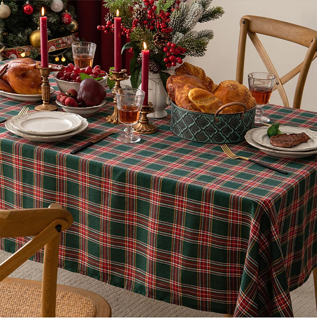 Fennco Styles Classic Plaid Snowflake Holiday Tablecloth - Tartan Rectangular Table Cover for Dining Room, Christmas Décor, and Winter Festivals