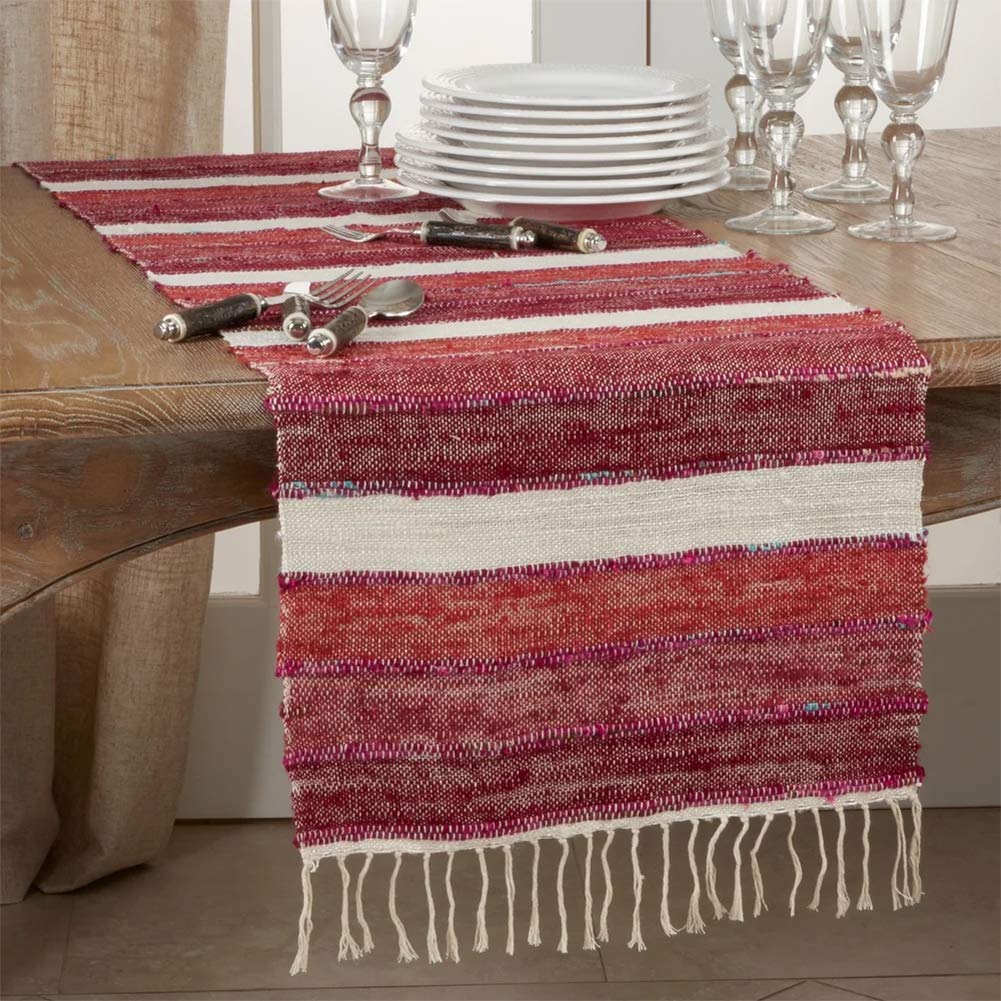 Fennco Styles Woven Chindi Striped Fringe 100% Cotton Table Runner 16 x 72 Inch - Multi Table Cover for Home Décor, Dining Table, Banquets, Family Gathering and Special Occasion