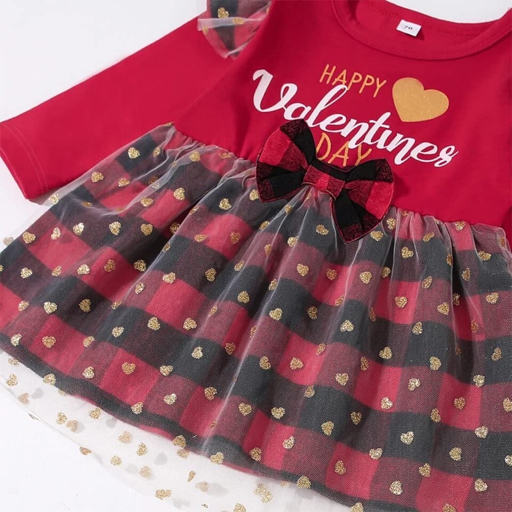 stylesilove Infant Baby Girls Long Sleeve Valentine's Day Glitter Love Heart Tulle Plaid Ruffle Dress & Headband 2pcs Outfit