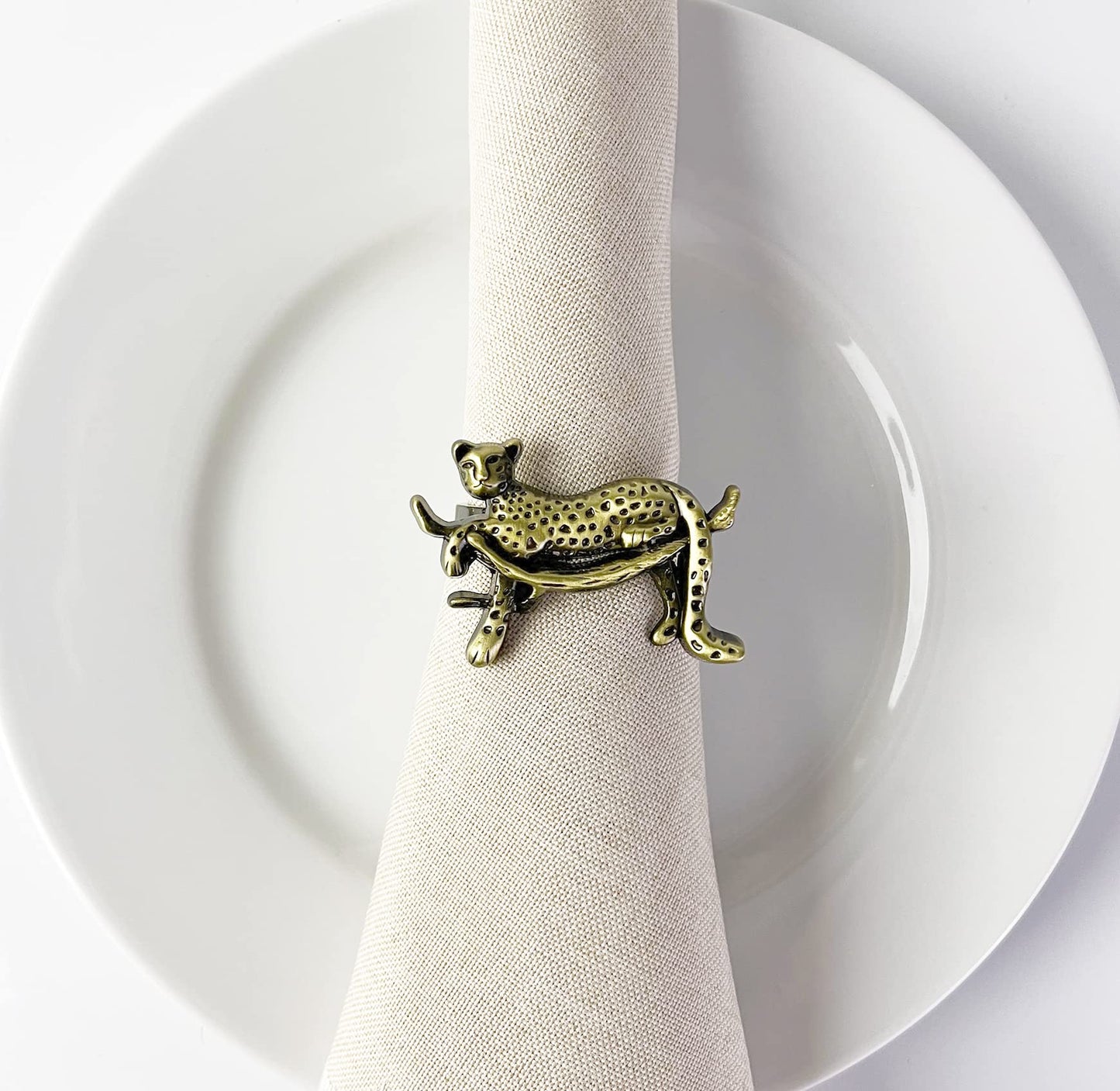 Fennco Styles Leopard Metal Napkin Rings, Set of 4 – Bronze Animal Napkin Holders for Home Décor, Dining Table, Family Gathering, Themed Party, Banquet and Special Occasion