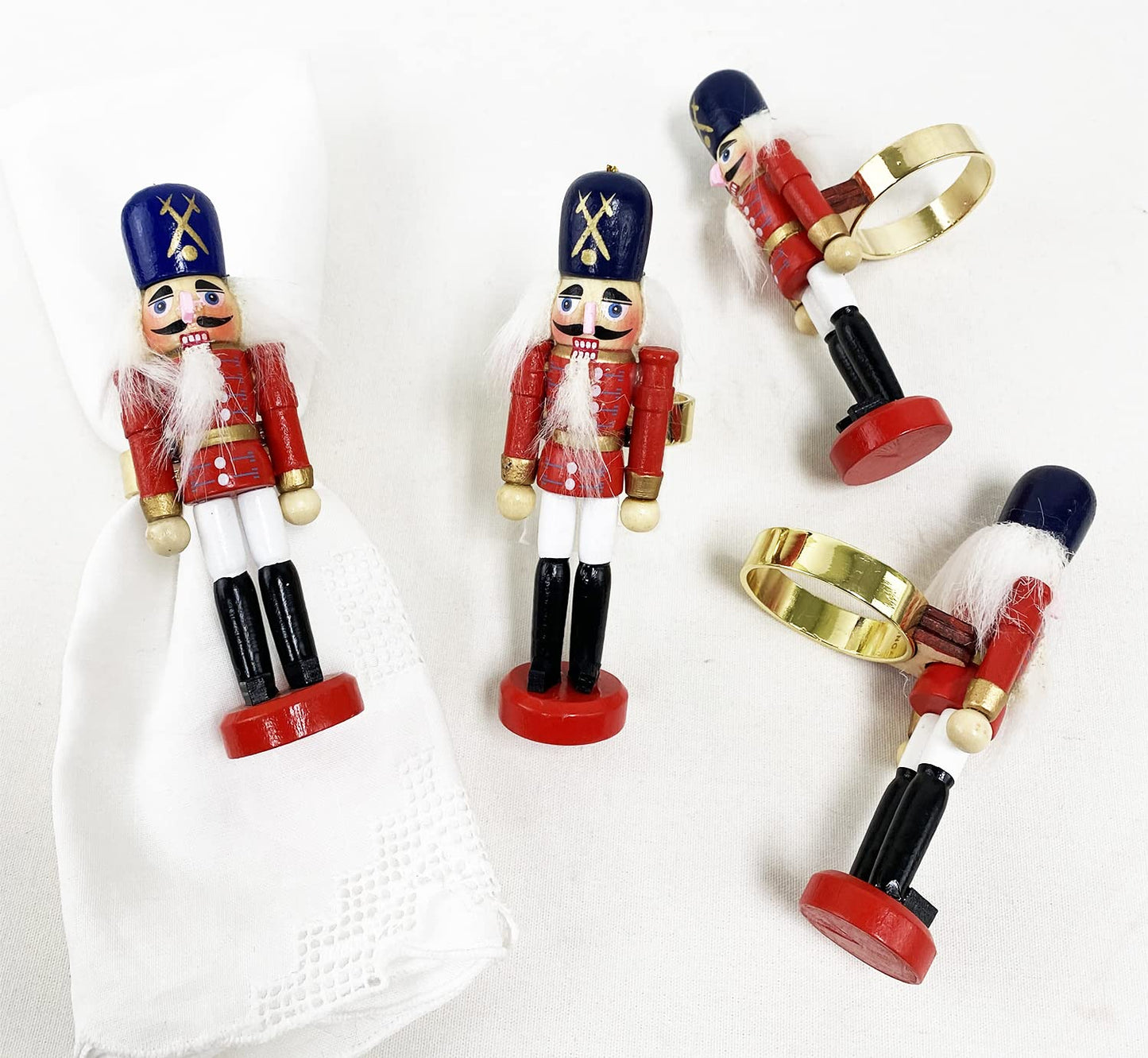 Fennco Styles Handmade Wooden Nutcracker Decorative Napkin Rings, Set of 4 - Festive Soldier Napkin Holders for Dining Table, Christmas, Holidays Décor and Special Occasions