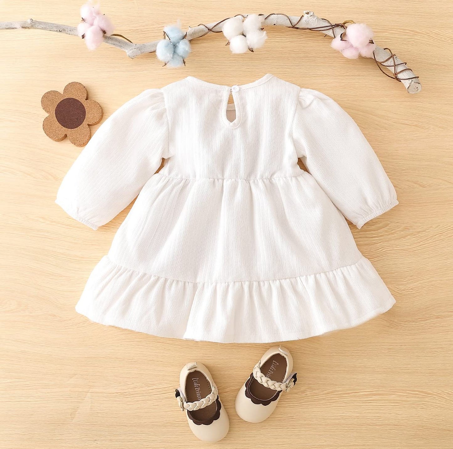 stylesilove Baby Toddler Girls Solid Ruffle Hem Long Puff Sleeve Corduroy Dress Princess Casual Spring Fall Outfit