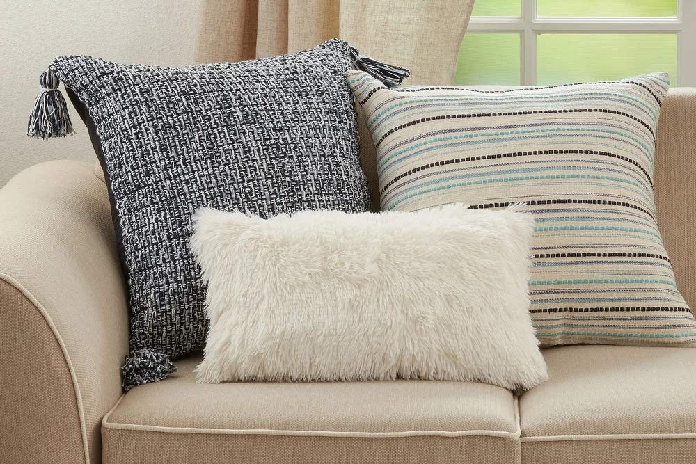 Fennco Styles Woven Textured Tassel Cotton Decorative Throw Pillow Cover 22" W x 22" L - Navy Blue Cushion Case for Home, Couch, Bedroom, Living Room and Office Décor (Filled Pillow)
