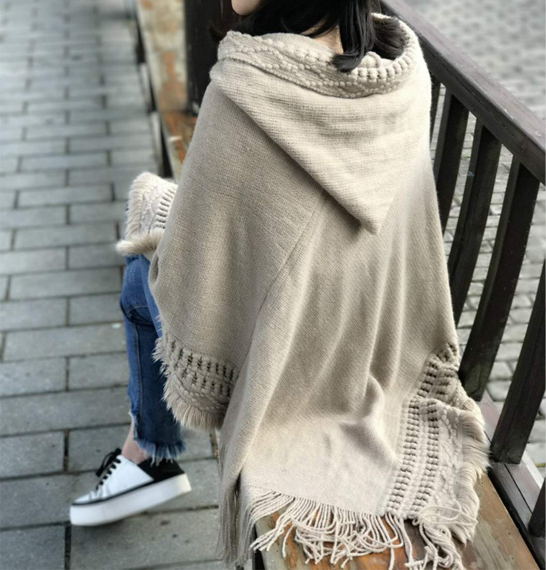 stylesilove Women Solid Knitted Hooded Poncho Crochet Pattern with Fringe Pullover Cardigan Soft Wrap for Fall Winter Seasons