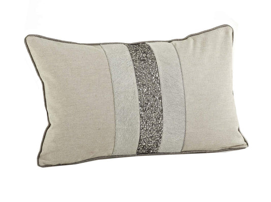 Fennco Styles Posh Beaded Hair On Leather Decorative Down-Filled Throw Pillow 12"W x 20"L - Natural Cushion for Home, Couch, Living Room and Office Decor