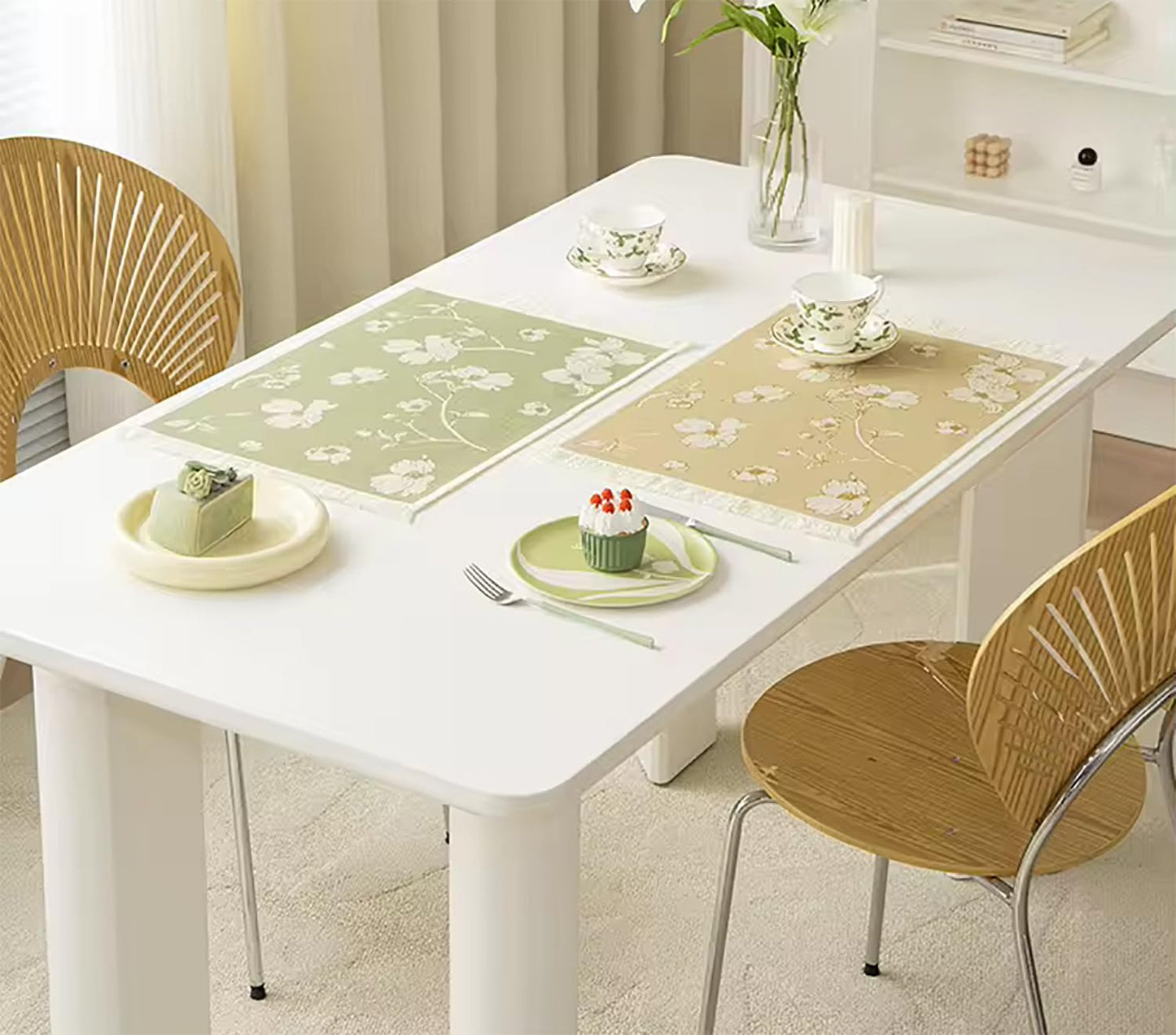 Fennco Styles Floral Printed with Fringe Placemats 14" W x 19" L, Set of 4 - Yellow Flower Table Mats for Dining Room, Banquets, Family Gatherings, and Holidays