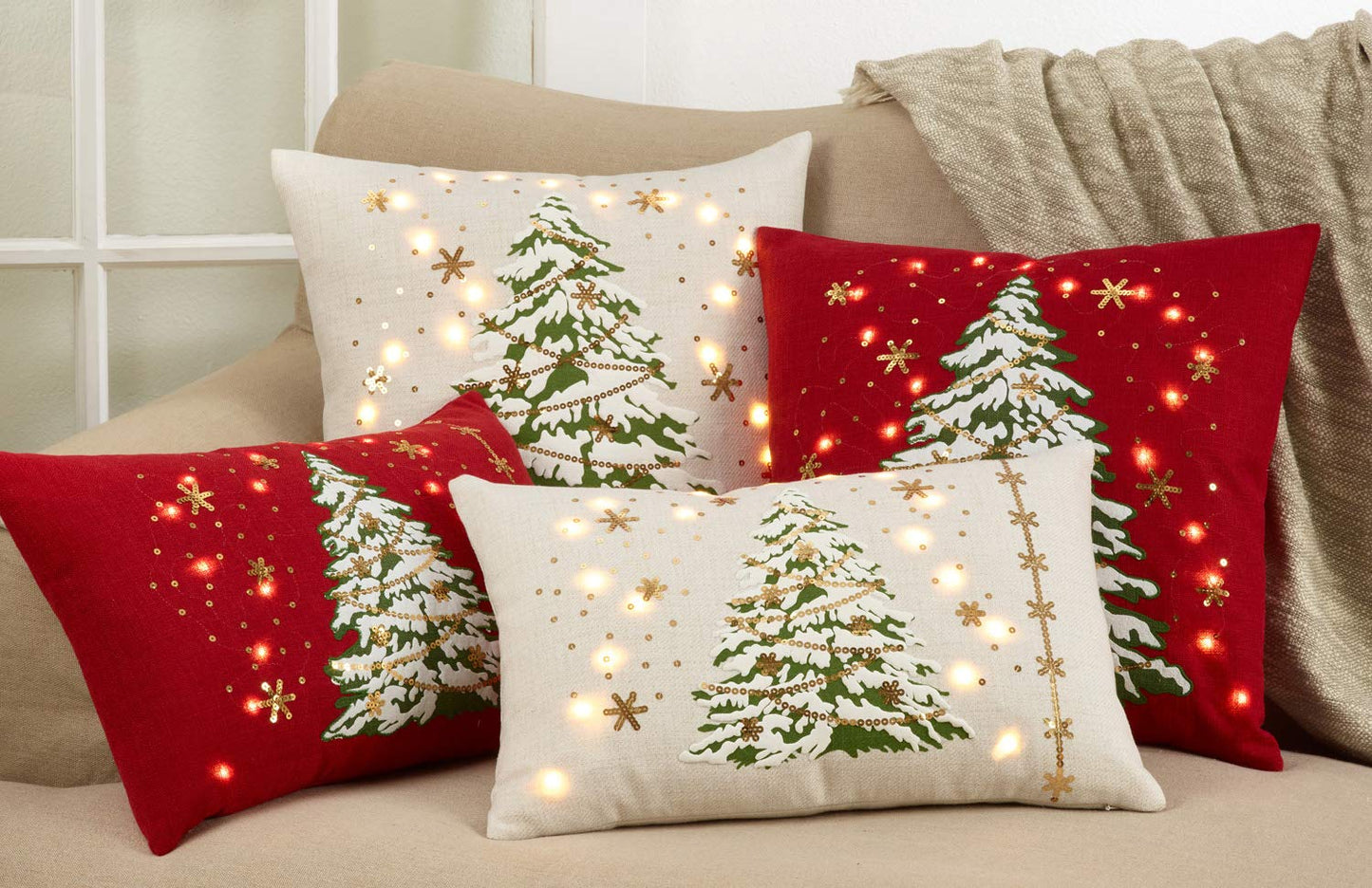 Fennco Styles Christmas Tree Design with LED Light Decorative Throw Pillow Cover 13 x 20 Inch - White Pillow Case for Holiday Décor, Couch, Living Room and Bedroom Décor