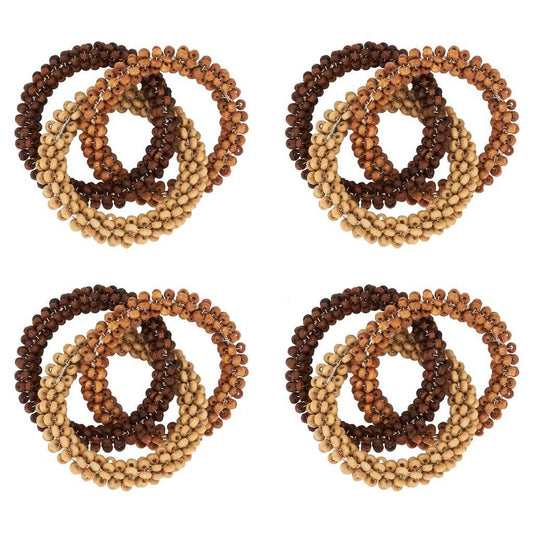 Fennco Styles Handmade Beaded Interlock Design Napkin Rings, Set of 4 - Natural Wooden Beads Napkin Holders for Home Décor, Family Dinner, Banquets and Special Events